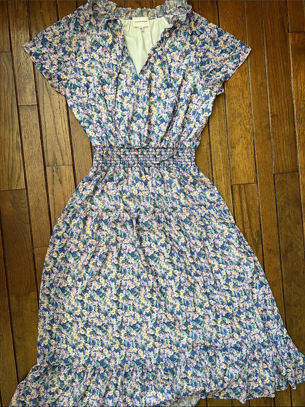Lavender Brown Blue Floral Smocked-Waist Midi Dress Size Large Like New
